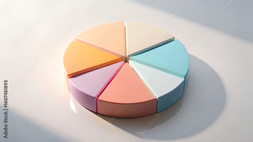 Fototapeta premium A colorful pie chart divided into segments, casting a shadow on a white surface