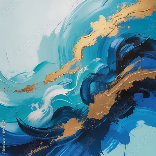 Abstract painting with dynamic strokes of blue and gold, evoking water or movement.