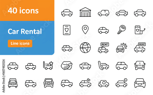 Collection of 40 line art icons for car rental services and transportation car rental icons transportation icons