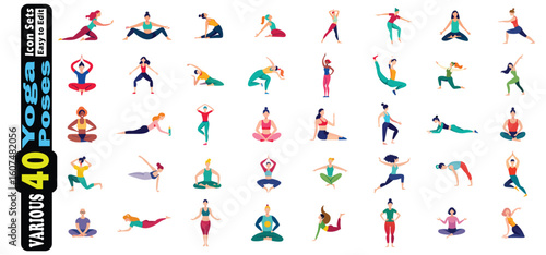 Diverse People Performing Various Yoga Poses Flat Icons women