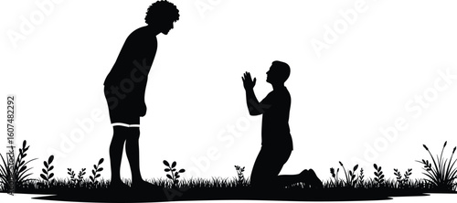 Silhouette of man kneeling, begging for forgiveness, emotional moment, two people, outdoor grass scene, apology, relationship, black white contrast