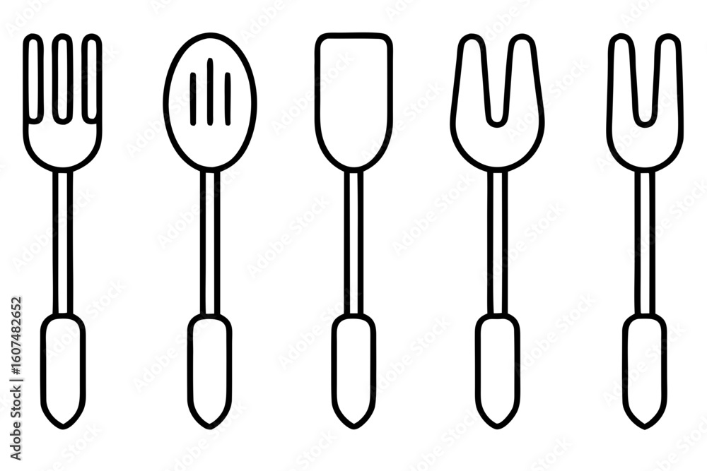 Set of five kitchen utensils including forks and spatulas isolated on transparent background