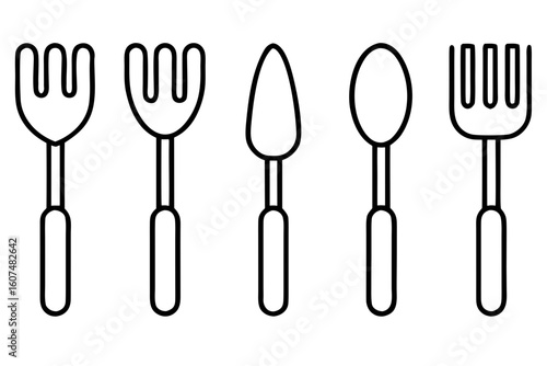Set of five kitchen utensils including forks and spoons isolated on transparent background