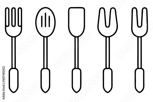 Set of five kitchen utensils including forks and spatulas isolated on transparent background