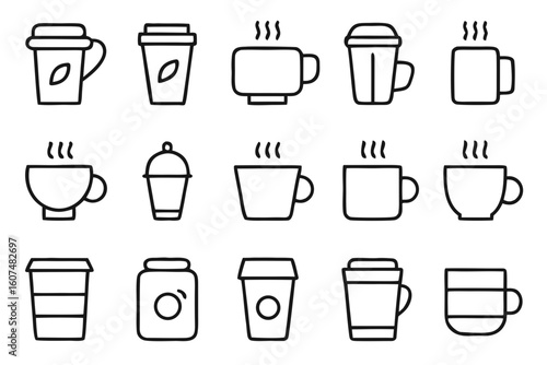 Collection of various coffee cups and mugs icons isolated on transparent background