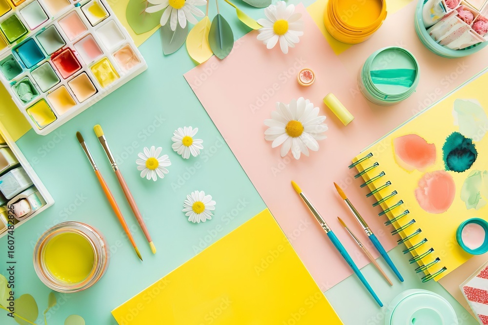 Fototapeta premium Top-down view of art supplies: watercolor palettes, brushes, paint, paper, and daisies on a pastel background.