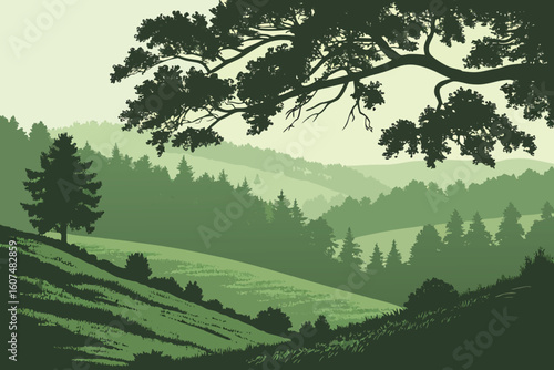  lush green hills,pine forest canopy,misty atmospheric lighting,dramatic moody landscape,peaceful serene rolling hills,dense forest cover,mist obscuring horizon,verdant grassy meadows,moody dramatic