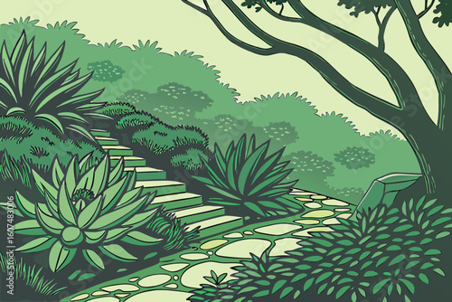  lush green foliage, verdant garden, vibrant succulents, intricate plant textures, dense shrubbery, tranquil natural setting, striking botanical arrangement, striking lighting and shadows, dreamlike