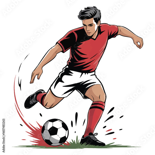 Vector art of a soccer player in a red jersey is kicking the ball on the field, isolated on white background