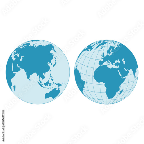 Two stylized globes showing continents and countries on a white background