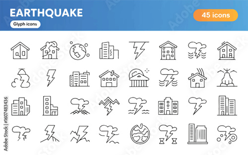 Black and white earthquake icons set with buildings and lightning glyph