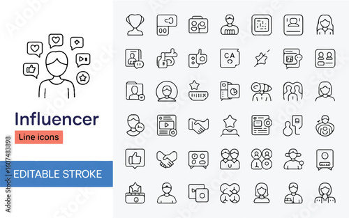 Influencer marketing line icons set with social media symbols and people vector