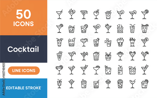 Fifty black line art cocktail icons on white background with text drink beverage