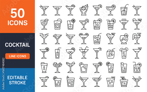 Fifty line art cocktail icons with garnishes and straws drink beverage