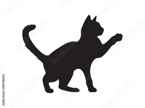 Black silhouette of a cat in side view, standing still with one front paw raised as if reaching forward. Tail down and gently curved. Clean design on white background.