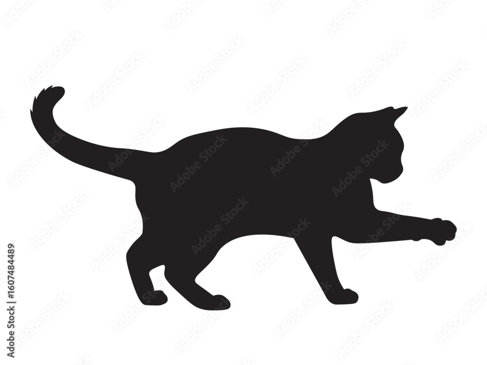 Black silhouette of a cat in side view, standing still with one front paw raised as if reaching forward. Tail down and gently curved. Clean design on white background. Black silhouette of a cat in side view, standing still with one front paw raised as if reaching forward. Tail down and gently curved. Clean design on white background.