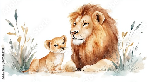 Dad lion and a little lion cub. Watercolor drawing 
