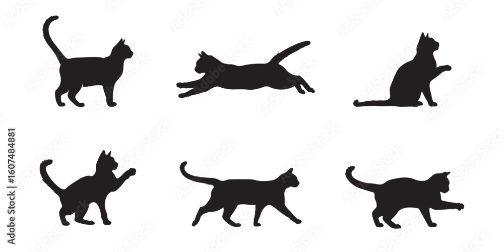 Obraz premium Set of six black cat silhouettes in various poses including walking, sitting, jumping, and playing. Simple side view design on white background. Perfect for pet or animal themes.