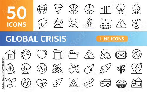 Fifty line art icons representing global crisis and environmental themes icon set environmental issues