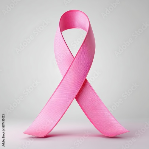 A pink ribbon stands upright, symbolizing breast cancer awareness and support on a neutral background
