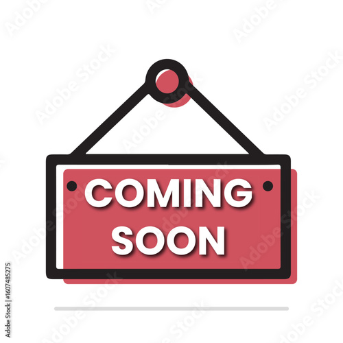 Flat Hanging Sign with Bold “Coming Soon” Text in White and Pink – Modern Announcement Graphic for New Product Launches, Business Openings, Events, or Website Promotions