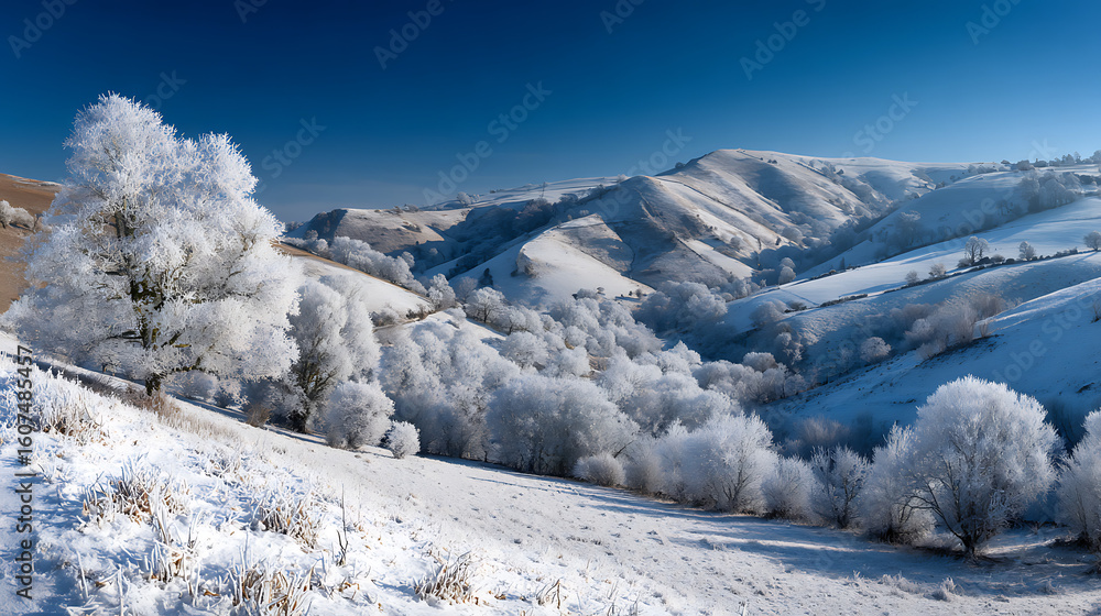 Fototapeta premium Frosted Trees Blanket Rolling Hills Under Clear Blue Sky winter snow