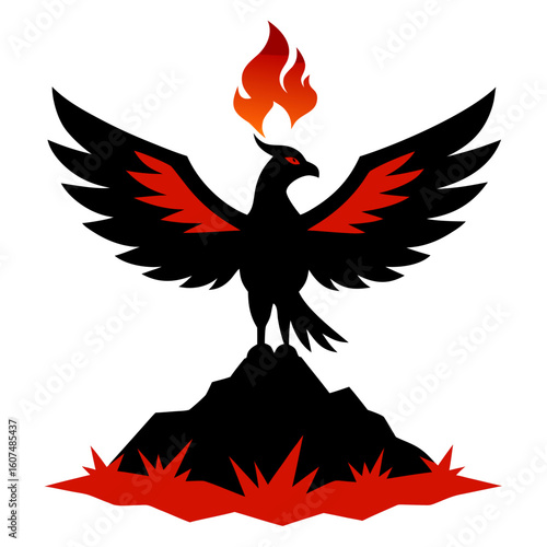  silhouette mythological bird rising from lava
