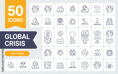 Fifty line art icons depicting global crisis themes including climate change and environmental issues