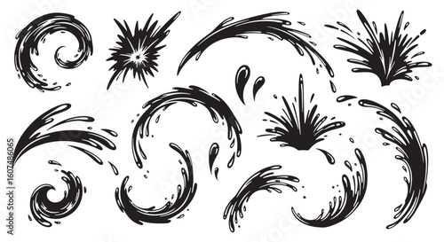 Black liquid splashes and swirls water