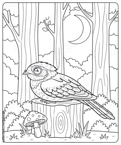 Cartoon owl sitting on a tree stump in a forest under the moonlight — cute woodland night bird coloring page for kids
