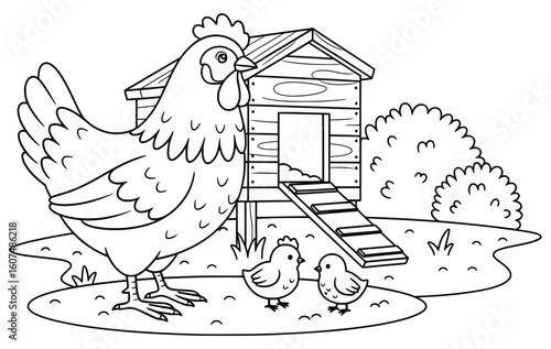 Big Hen and Two Chicks in Front of Wooden Chicken Coop — Simple Farm Life Coloring Page for Kids