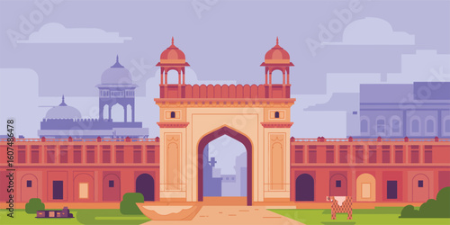 Vector art of lahore forts majestic entrance gate with historical architecture