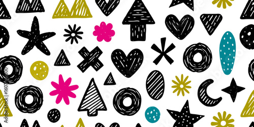 Hand-Drawn Geometric Seamless Pattern: Black, Gold, Pink