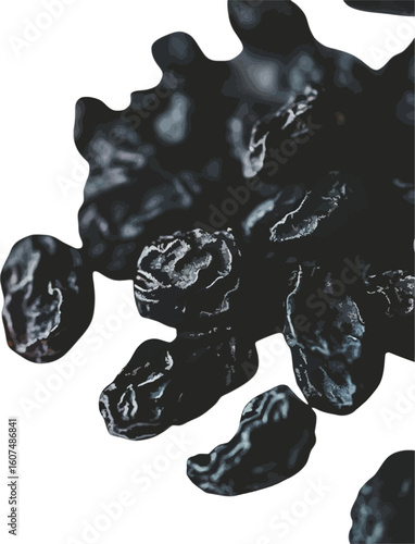 Close up shot of several black raisins dried fruit