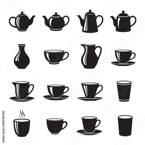 Black teapots cups pitchers and glasses beverage