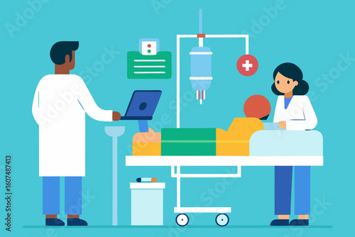 Doctors tending to patient on hospital bed with medical equipment