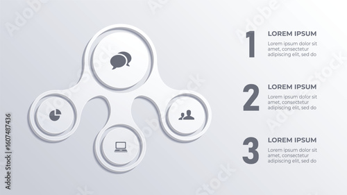 White 3D Three Step Business Infographic Flowchart, Vector Timeline Template with Icons and Communication Elements, Venn Diagram