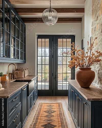 stylish kitchen interior featuring dark blue cabinetry, wooden beams, and decorative vase with dried flowers. space is brightened by natural light through large doors