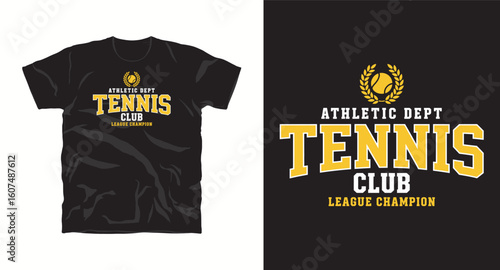 Athletic Dept tennis club champion creative logotype t-shirt design. tennis bat vector graphics illustration tee template.