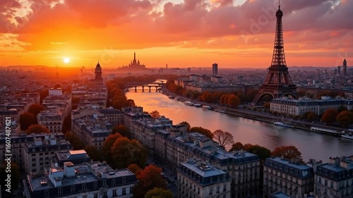 Stunning sunset over Paris cityscape featuring iconic Eiffel Tower and the Seine River flowing through the city