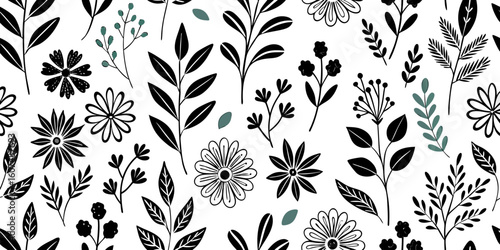 Black and White Floral Seamless Pattern: Botanical Print Design