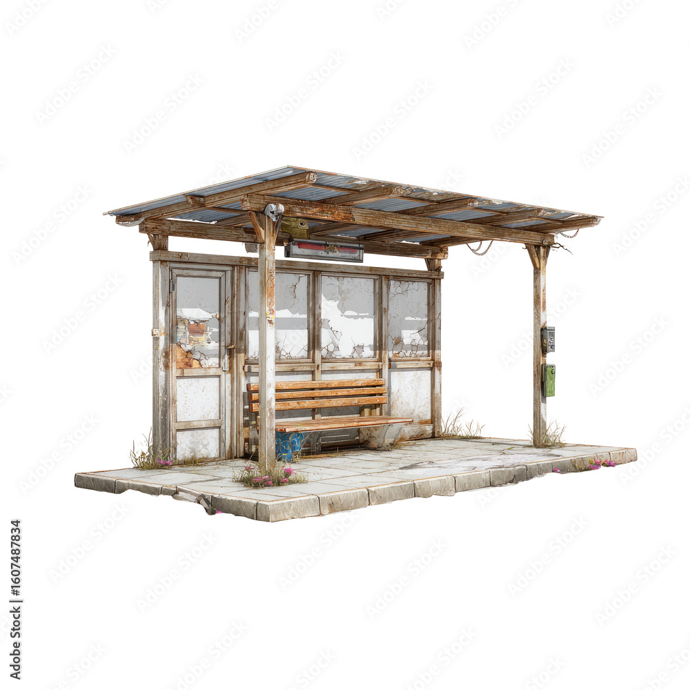 Obraz premium Rustic bus stop, weathered wood, empty bench