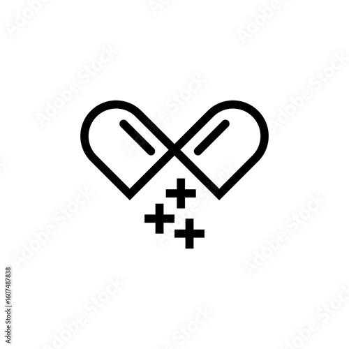 Medicine capsule icon or open pill with contents of the tablet with powder or cross signs. Health Symbol. Vector illustration.