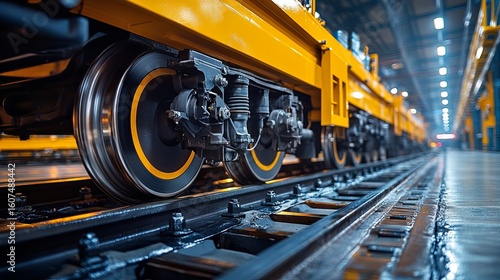 Train wheels positioned on a maintenance platform, highlighting engineering precision, industrial design, and advanced railway safety features 