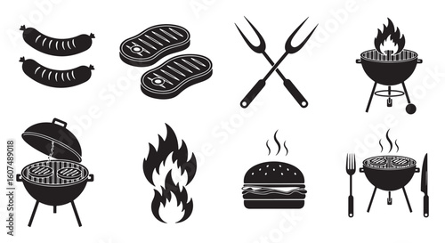 Grill food and cooking utensils barbecue sausages