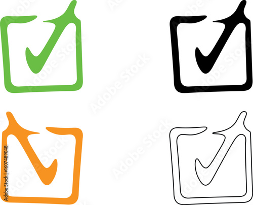 Green Orange Black White Checkmark Icons Square Boxes Set vector