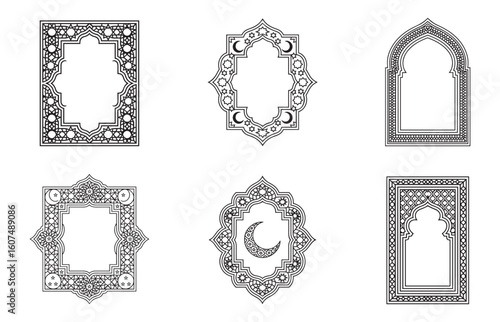 Islamic Line Art Frame Icon Set Crescent Moon, Mosque Arch, Star Pattern, and Geometric Border Vector Collection