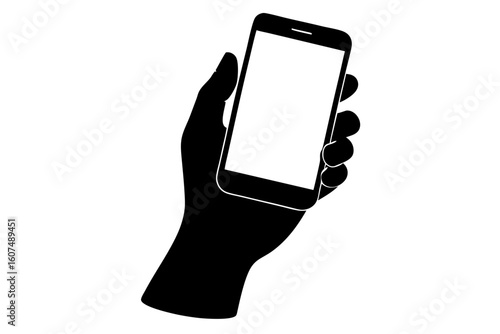 Hand holding mobile phone device silhouette vector illustration