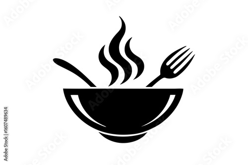 Hot food bowl spoon fork restaurant kitchenware silhouette vector illustration