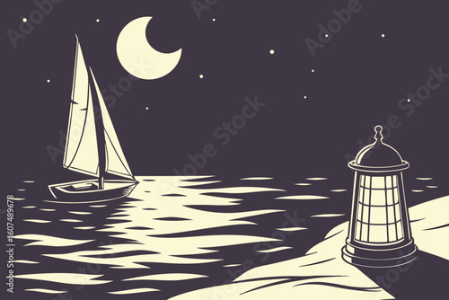  dark night sky, calm ocean, lone lantern floating on water, warm glow, peaceful, serene, atmospheric, dramatic lighting, minimalist, cinematic